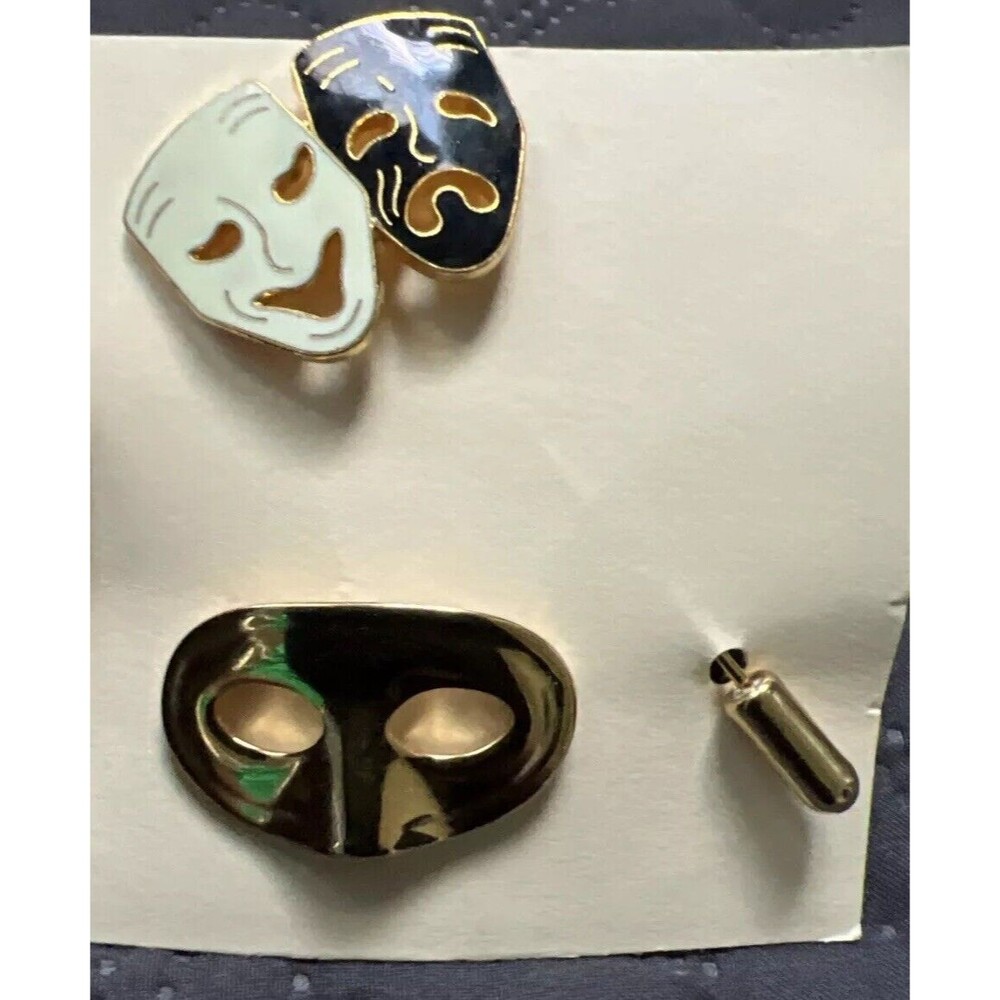 2pc Vintage Phantom of the Opera Mask Lapel Pin & Brooch Gold & Enamel Unbranded